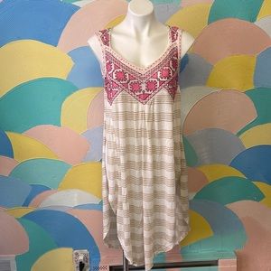 Free people NWT dress Embroidered pink coverup tan and white strips small